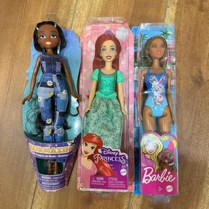 Set Of 3 Disney Princess Ariel, Barbie Doll Blue Floral, Hairmazing Blonde Doll